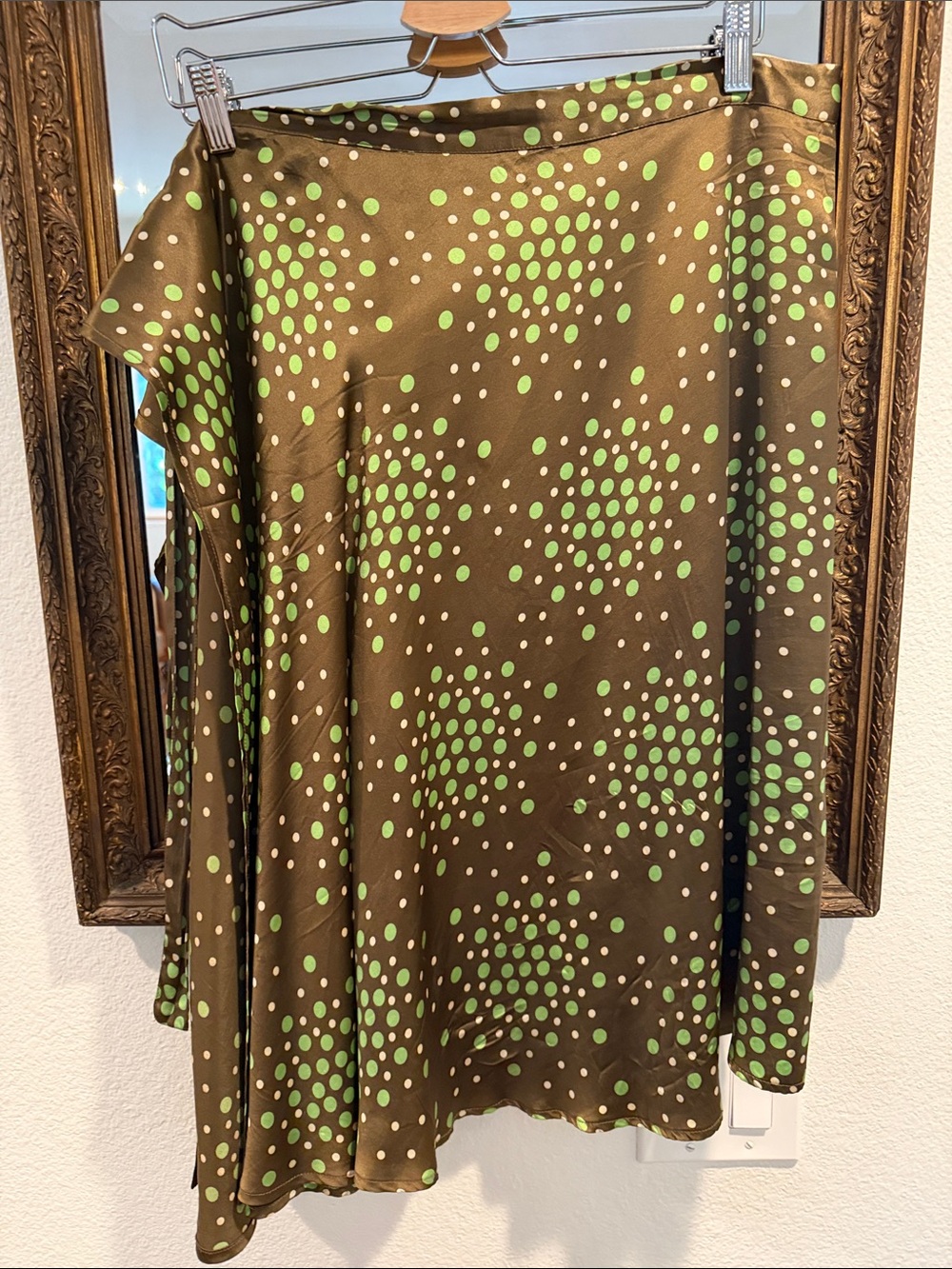 Olive Green Polka Dot Silk Midi Skirt